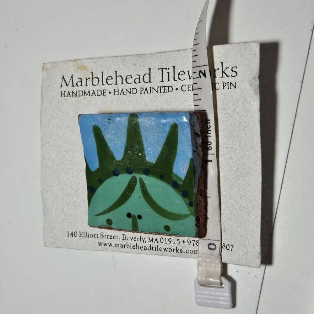 Marblehead Tileworks Green And Blue Painted Tile Brooch